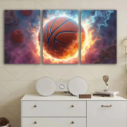 3pcs Black Flame Basketball With Fiery Design Wall Art Set Canvas Framed 50x70cm - High Quality Print 100% Australian Made Wall Canvas Ready to Hang - Bella Home Decor