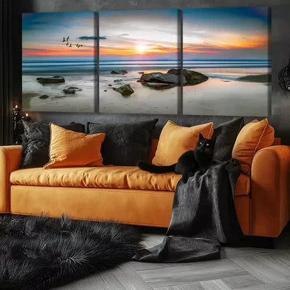 3pcs Sunset Beach Seascape with Birds Wall Art Canvas Unframed - High Quality Print 100% Australian Made Wall Canvas