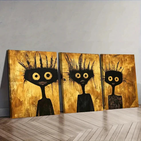 3pcs A Black And Golden Abstract Portrait Wall Art Set Canvas Unframed - High Quality Print 100% Australian Made Wall Canvas