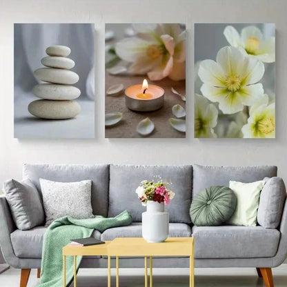 3pcs Zen Stones, Candle, White Flower  Wall Art Set Canvas Framed 60x90cm - High Quality Print 100% Australian Made Wall Canvas Ready to Hang - Bella Home Decor