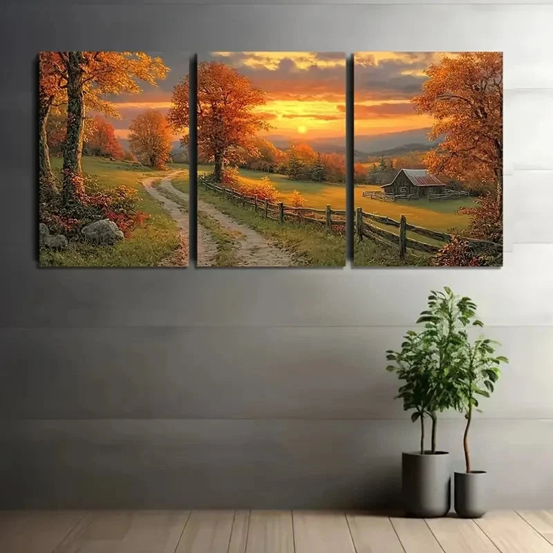 3pcs Picturesque Autumn Sunset Over Wall Art Set Canvas Framed 50x70cm - High Quality Print 100% Australian Made Wall Canvas Ready to Hang