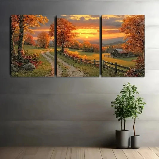 3pcs Picturesque Autumn Sunset Over Wall Art Set Canvas Framed 50x70cm - High Quality Print 100% Australian Made Wall Canvas Ready to Hang