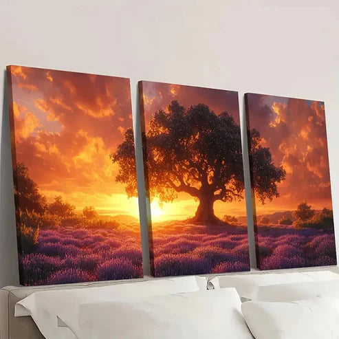 3pcs Painting of an Oak Tree at Sunset Wall Art Canvas Unframed - High Quality Print 100% Australian Made Wall Canvas - Bella Home Decor