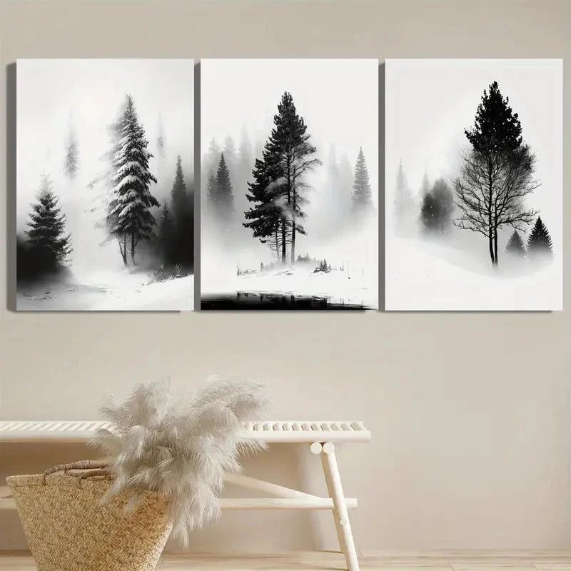 3pcs Black and White Misty Forest Scenes with Pine Metal Print Ready to Hang Art - Bella Home Decor