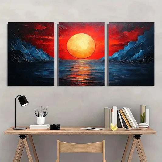 3pcs Seaside Sunset Vibrant Red & Orange Sky Wall Art Set Canvas Framed 40x60cm - High Quality Print 100% Australian Made Wall Canvas Ready to Hang