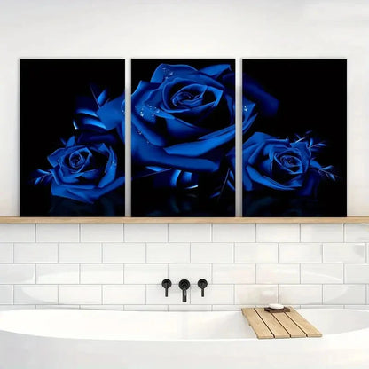 3pcs Royal Blue Rose Flowers Blossom Painting Metal Print Ready to Hang Art - Bella Home Decor