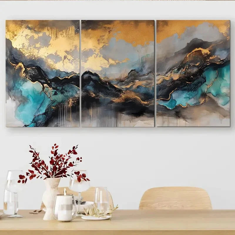 3pcs Abstract Golden & Teal Mountain Metal Print Ready to Hang Art - Bella Home Decor