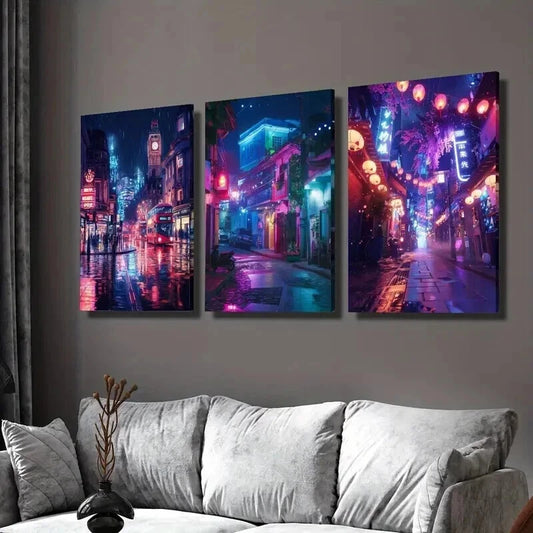 3pcs City Night Scene under Neon Lights Wall Art Set Canvas Framed 60x90cm - High Quality Print 100% Australian Made Wall Canvas Ready to Hang