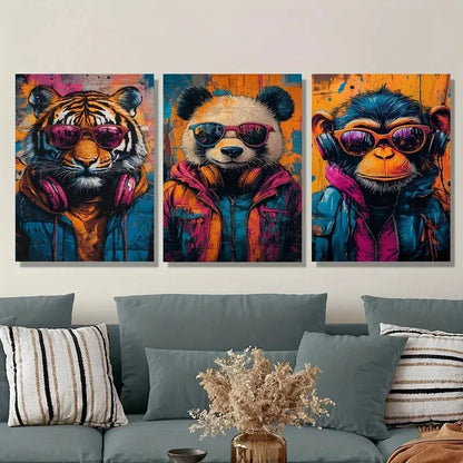 3pcs Animals with Glasses and Headphones Metal Print Ready to Hang Art - Bella Home Decor