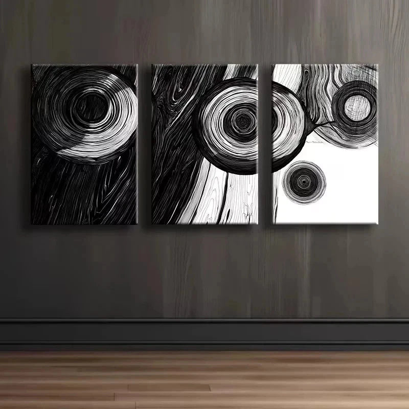 3pcs Black and white Abstract Wood Ring Metal Print Ready to Hang Art - Bella Home Decor