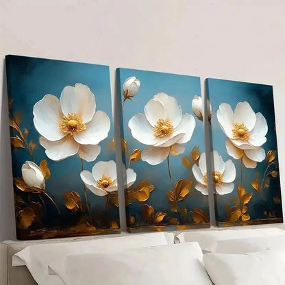 3pcs Golden Leaves - Classic White Flowers p Wall Art Set Canvas Framed 40x60cm - High Quality Print 100% Australian Made Wall Canvas Ready to Hang - Bella Home Decor