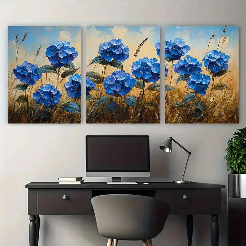 3pcs Hydrangea Flowers Meadow Impasto Design Metal Print Ready to Hang Art - Bella Home Decor