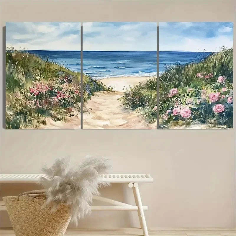 3pcs Cape Cod Coastal Sand Dunes Wild Roses Design Metal Print Ready to Hang Art - Bella Home Decor