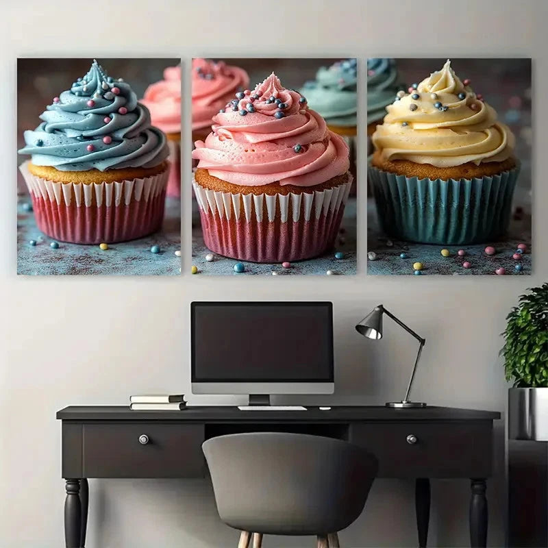 3pcs Vibrant Cupcake Food Bakery Metal Print Ready to Hang Art - Bella Home Decor