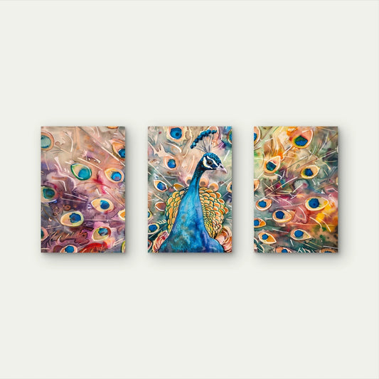 3pcs Watercolour Peacock Vibrant Feathers Wall Art Set Canvas Framed 40x60cm - High Quality Print 100% Australian Made Wall Canvas Ready to Hang
