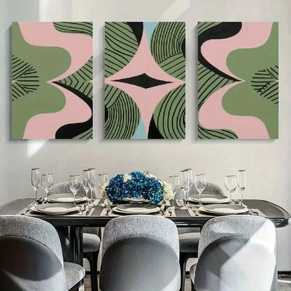 3pcs Pink Green Black & Blue Geometric Patterns Metal Print Ready to Hang Art - Bella Home Decor