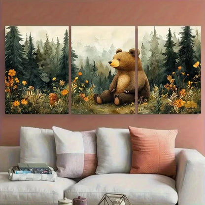 3pcs Whimsical Woodland Bear Forest Scene Metal Print Ready to Hang Art - Bella Home Decor