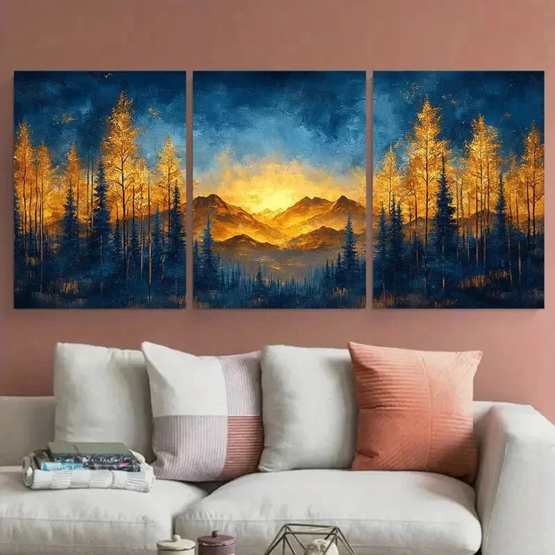 3pcs Ethereal Golden Forest Canvas Abstract Blue Wall Art Set Canvas Framed 40x60cm - High Quality Print 100% Australian Made Wall Canvas Ready to Hang - Bella Home Decor