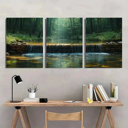 3pcs Water Stream In Green Natural Forest Wall Art Set Canvas Framed 50x70cm - High Quality Print 100% Australian Made Wall Canvas Ready to Hang - Bella Home Decor