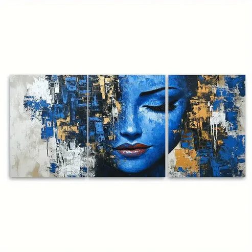 3pcs Modern Figurative Woman Face in Blue Klimt Wall Art Canvas Unframed - High Quality Print 100% Australian Made Wall Canvas