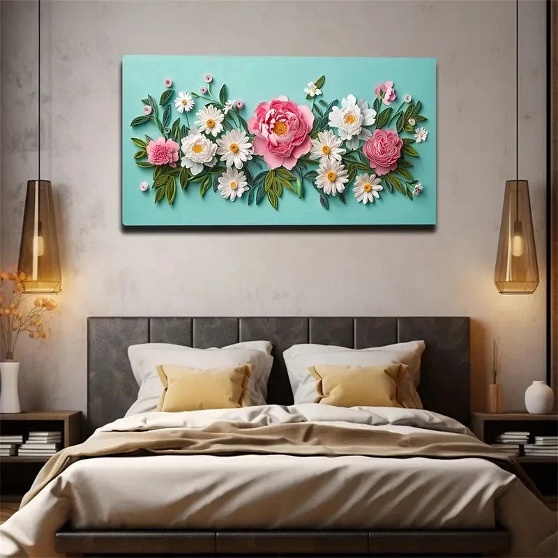 Pink & White Floral Design Wall Art Canvas Office Home Room Framed 120x60cm