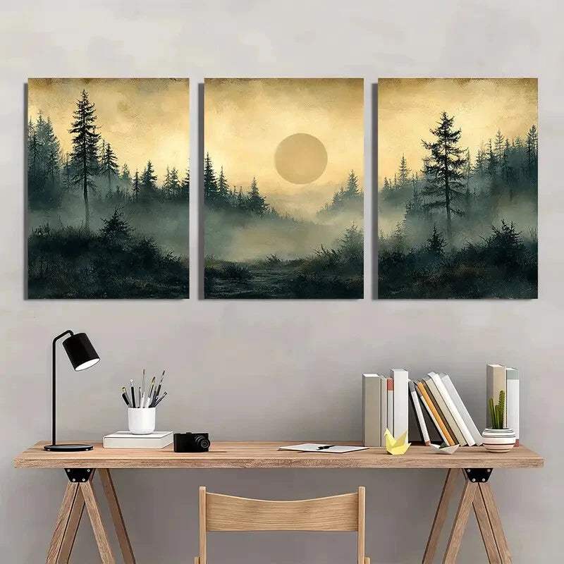3pcs Vintage Nature Sketch with Pine Trees Metal Print Ready to Hang Art