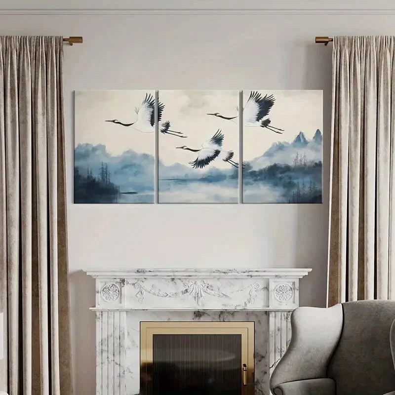 3pcs Elegant Crane Flight Traditional Asian Art Metal Print Ready to Hang Art - Bella Home Decor