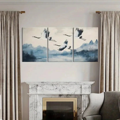 3pcs Elegant Crane Flight Traditional Asian Art Metal Print Ready to Hang Art - Bella Home Decor