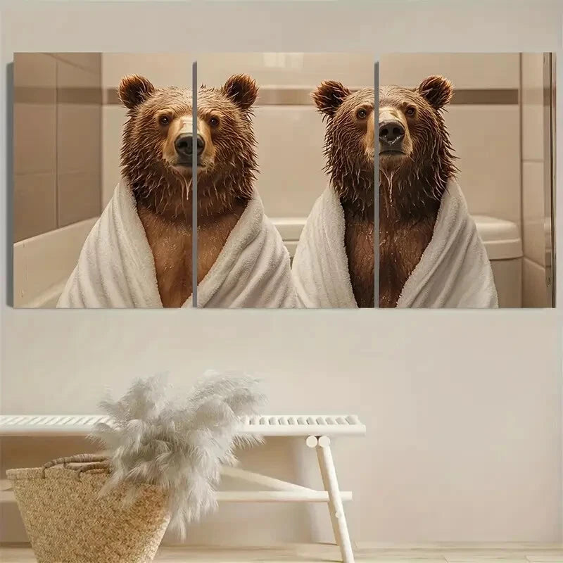 3pcs Serious Wet Bears in a Bathrobe Modernism Metal Print Ready to Hang Art