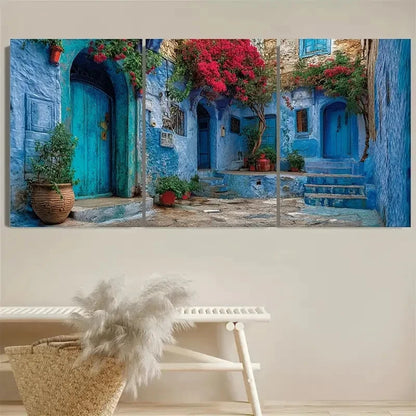 3pcs Moroccan Street Art Vibrant Blue Wall Art Set Canvas Framed 40x60cm - High Quality Print 100% Australian Made Wall Canvas Ready to Hang - Bella Home Decor