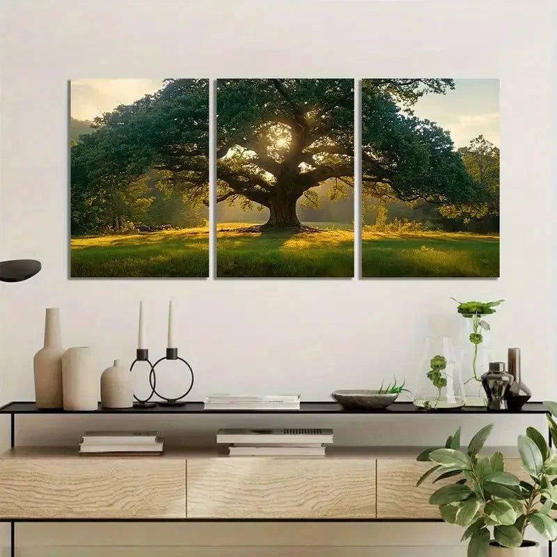 3pcs Oak Tree in Open Meadow Triptych Nature Scene Metal Print Ready to Hang Art - Bella Home Decor