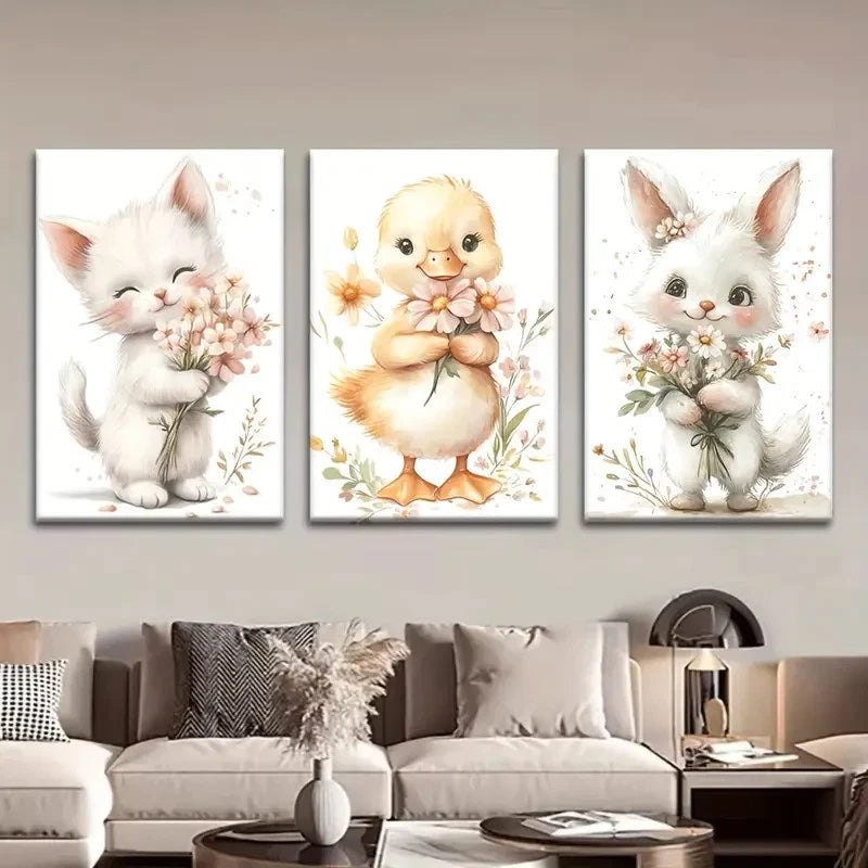 3pcs Kittens, Ducks & Rabbits Wall Art Set Canvas Framed 40x60cm - High Quality Print 100% Australian Made Wall Canvas Ready to Hang - Bella Home Decor