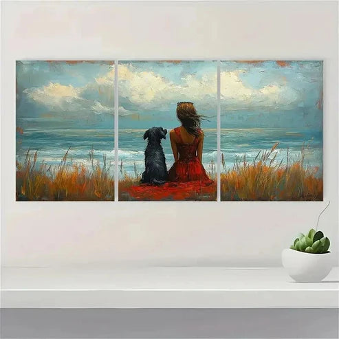 3pcs Whimsical Seaside Women With Dog  Wall Art Set Canvas Unframed - High Quality Print 100% Australian Made Wall Canvas