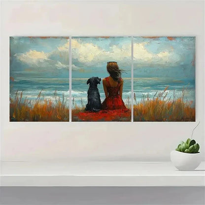 3pcs Whimsical Seaside Women With Dog  Wall Art Set Canvas Unframed - High Quality Print 100% Australian Made Wall Canvas