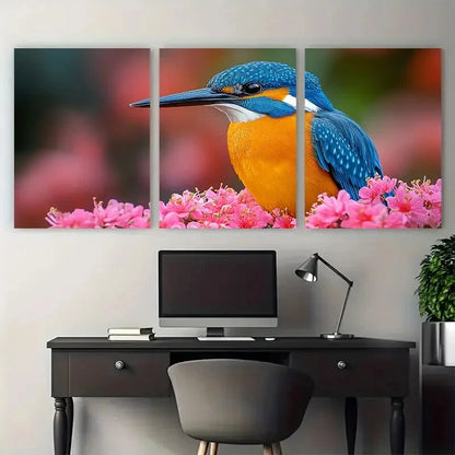 3pcs Vibrant Kingfisher on Pink Florals Metal Print Ready to Hang Art - Bella Home Decor