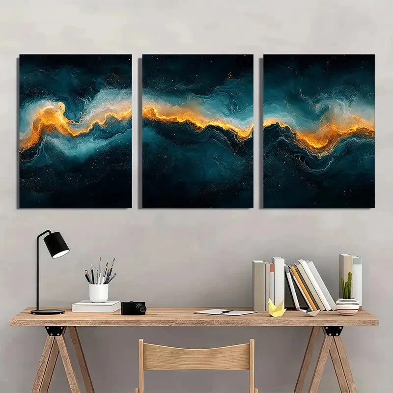 3pcs Dark Green & Golden Swirls Abstract Metal Print Ready to Hang Art - Bella Home Decor