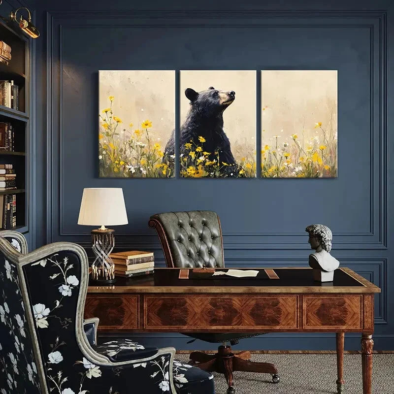 3pcs Artistic Bear Amidst Vibrant Flowers Metal Print Ready to Hang Art - Bella Home Decor