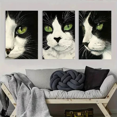 3pcs Black and White Cat Artwork Wall Art Canvas Unframed - High Quality Print 100% Australian Made Wall Canvas - Bella Home Decor