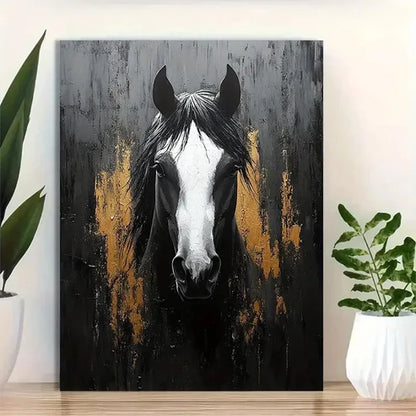 Beautiful Black & White Horse Golden Accents Painting 60x90cm Metal Print Ready to Hang