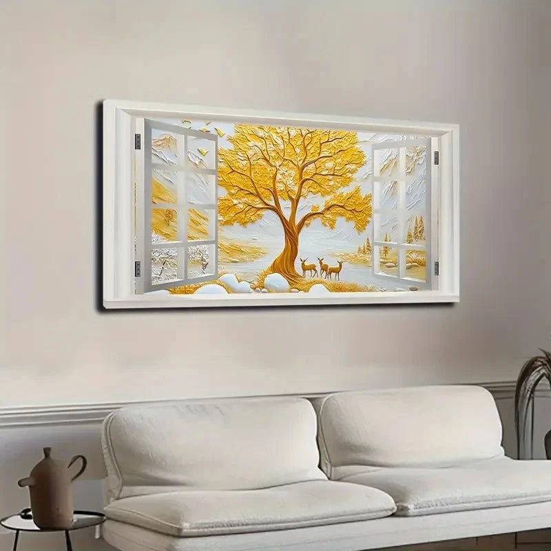 Golden Tree With Strong Wall Art canvas office home room framed 120x60cm