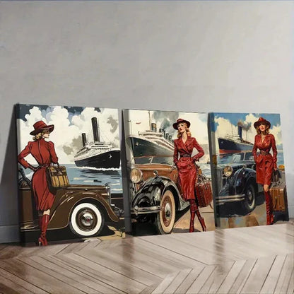 3pcs Featuring a Retro Modern Girl Wall Art Canvas Unframed - High Quality Print 100% Australian Made Wall Canvas