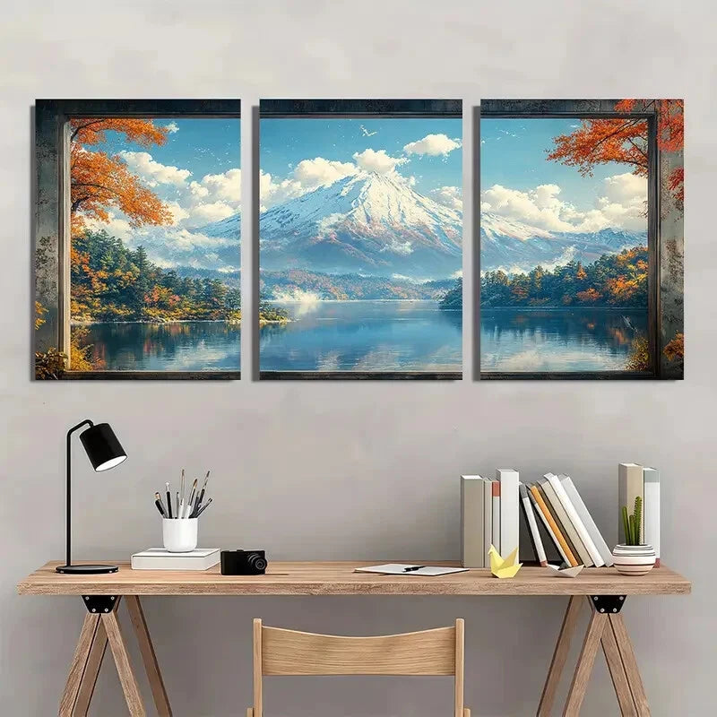3pcs Mount Fuji Snowfall & Autumn Reflections Metal Print Ready to Hang Art - Bella Home Decor