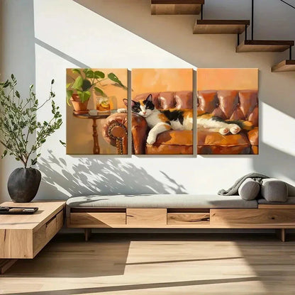 3pcs Artistic Cat On Sofa Warm Tones Cozy Metal Print Ready to Hang Art - Bella Home Decor