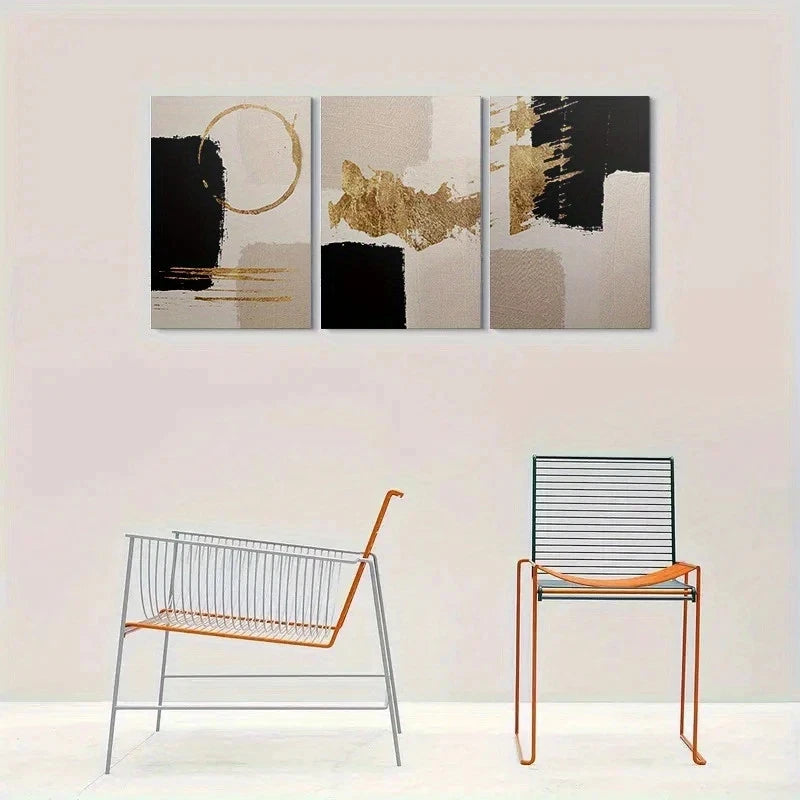 3pcs Golden Black Beige Abstract Metal Print Ready to Hang Art - Bella Home Decor