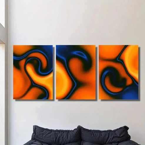 3pcs Orange & Blue Dynamic Line Drawing Wall Art Canvas Unframed - High Quality Print 100% Australian Made Wall Canvas