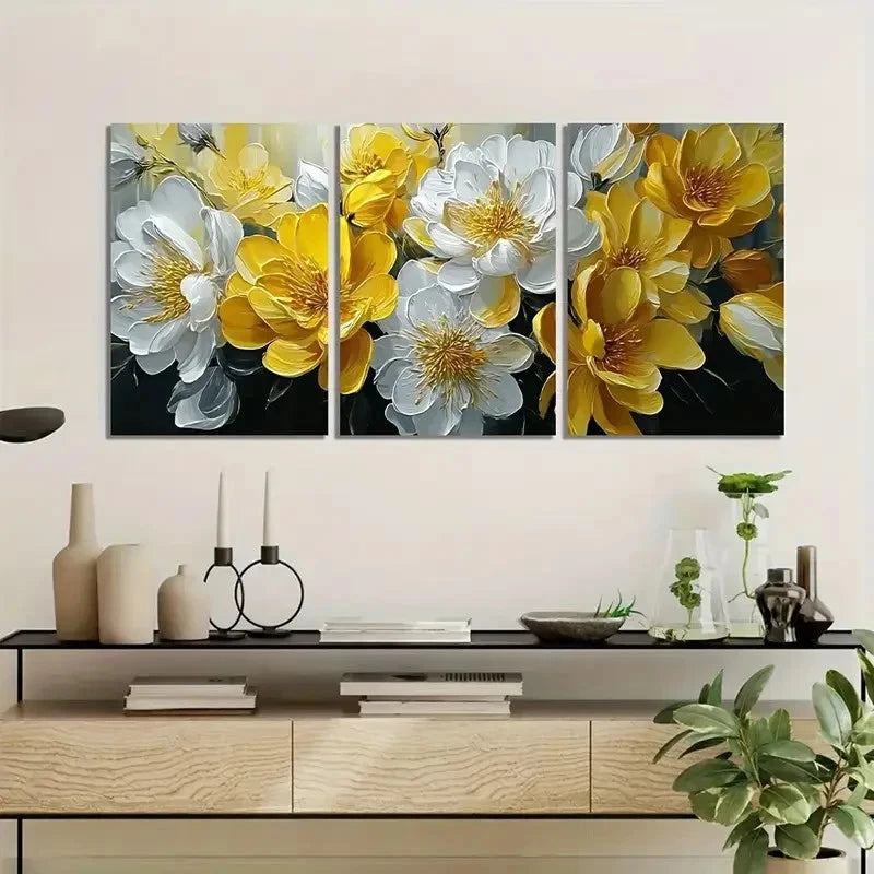3pcs Oil Painting of Yellow and White Flowers Metal Print Ready to Hang Art - Bella Home Decor