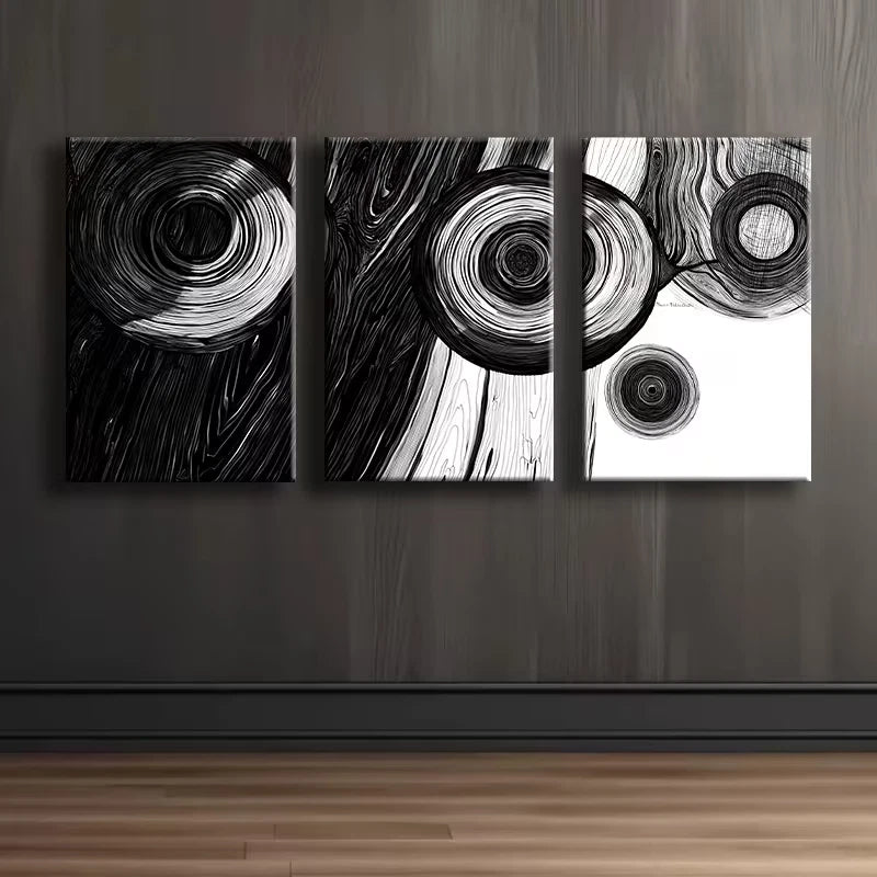 3pcs Black and white Abstract Wood Ring Wall Art Set Canvas Framed 60x90cm - High Quality Print 100% Australian Made Wall Canvas Ready to Hang - Bella Home Decor