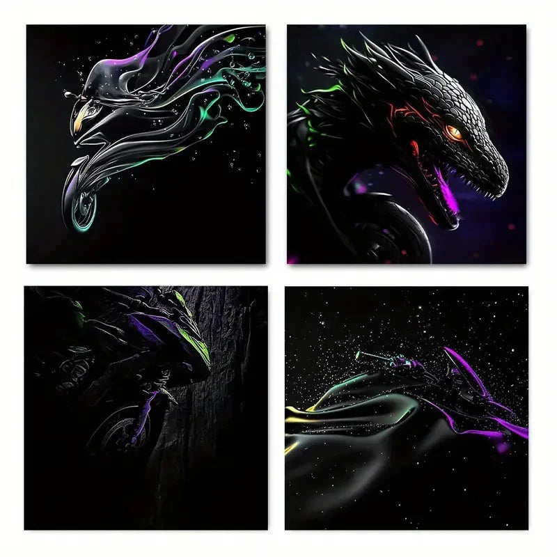 4pcs Neon-Lit Designs With Starry Night Wall Art Canvas Framed