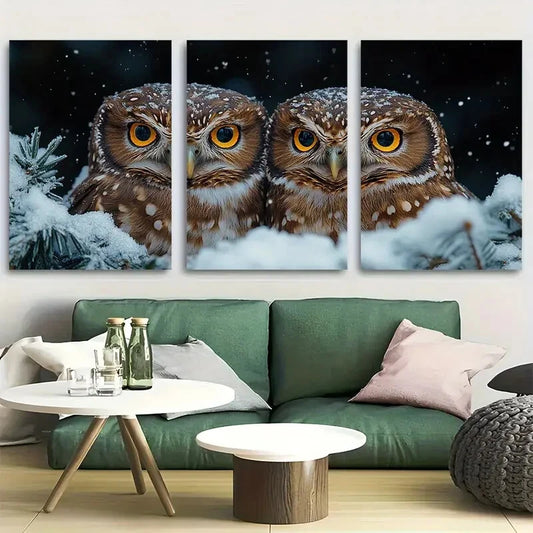 3pcs Adorable Owl Intense Gaze Bird of Prey Metal Print Ready to Hang Art