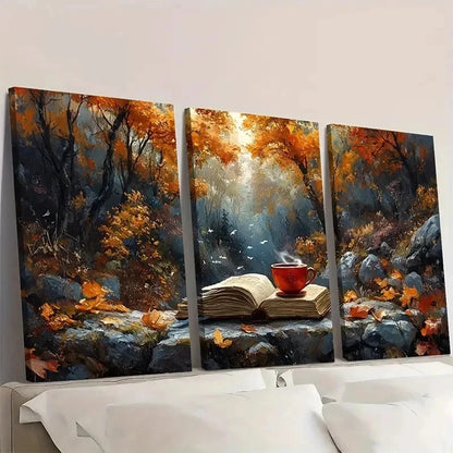 3pcs Teacup & Book Illustration BI  Wall Art Set Canvas Framed 50x70cm - High Quality Print 100% Australian Made Wall Canvas Ready to Hang